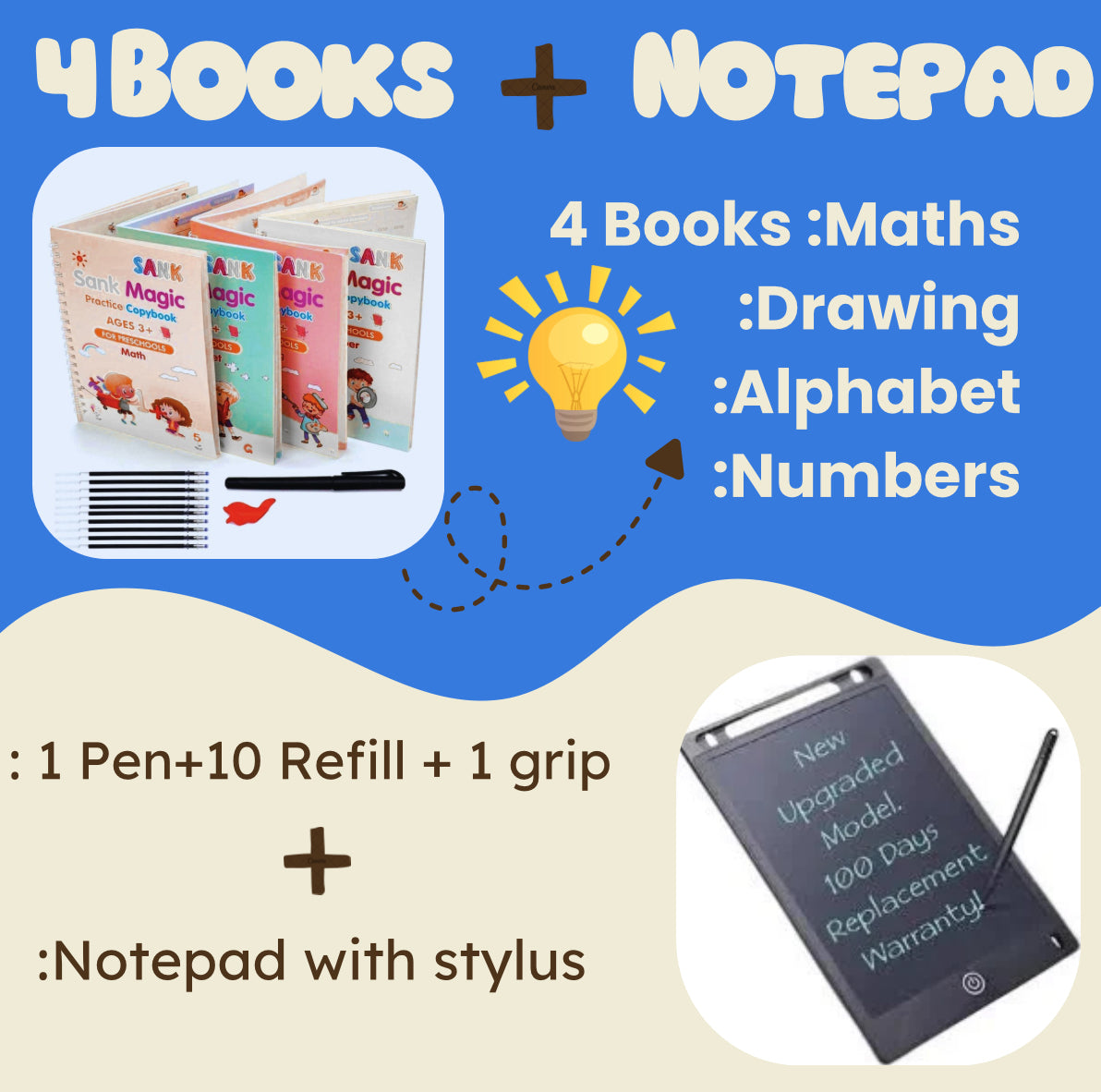 COMBO (4 BOOK + 10 REFILL+ 1 Pen +1 Grip) AND Digital Notepad