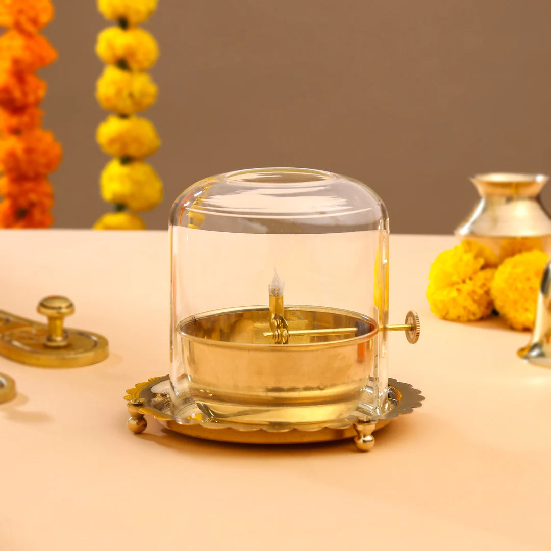 Pure Golden Brass Akhand Diya Oil Lamp with Rotating Wick